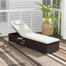 Patio Rattan Chaise Lounge, Outdoor Wicker Reclining Chair w/ 6-Level Adjustable Backrest, Cushion & Headrest for Backyard Poolside