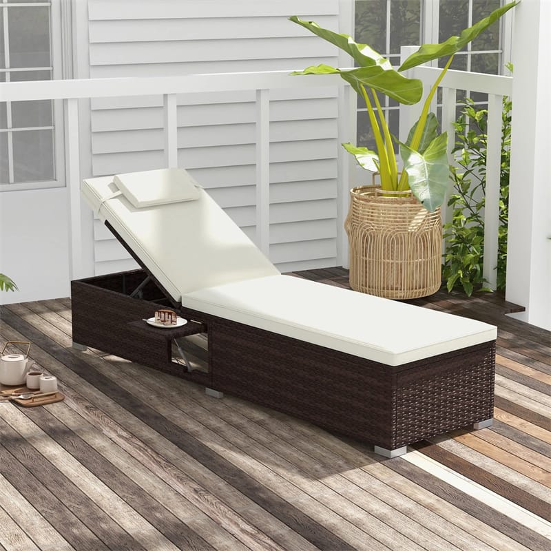 Outdoor Rattan Chaise Lounge with 6-Level Adjustable Backrest, Cushions & Headrest, Patio Reclining Lounge Chair for Poolside Backyard