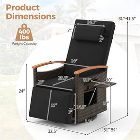 Outdoor 360° Swivel Rattan Recliner Chair, Patio Wicker Chaise Lounge Chair with Adjustable Backrest & Footrest, Flip Side Table & Cushions