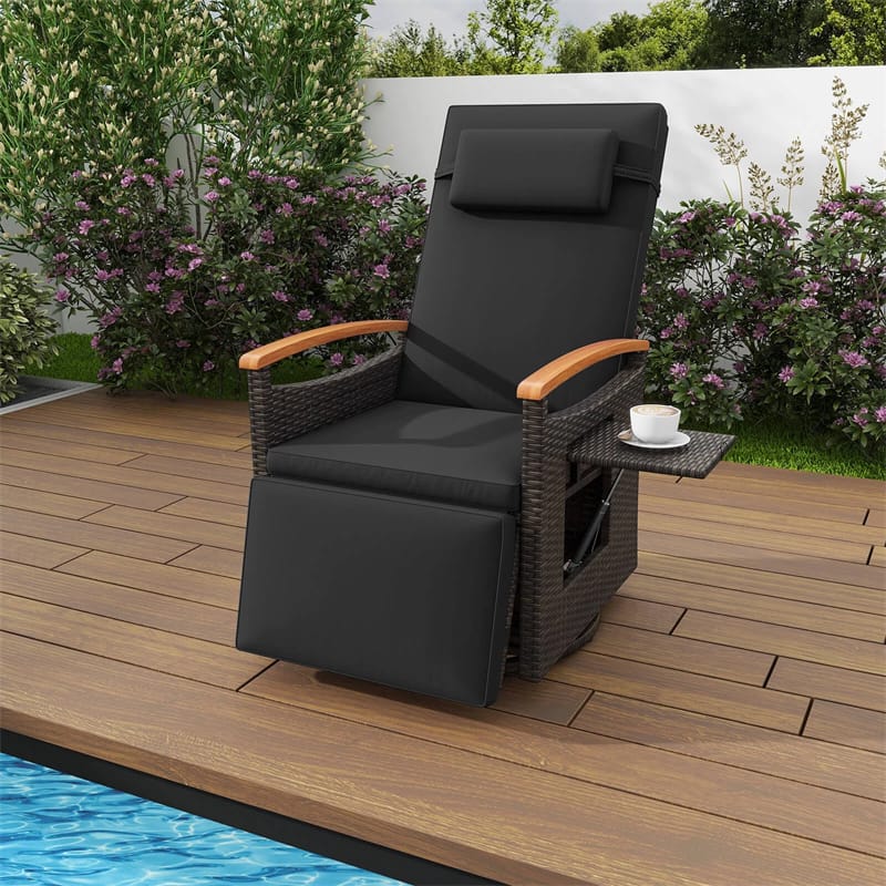 Outdoor 360° Swivel Rattan Recliner Chair, Patio Wicker Chaise Lounge Chair with Adjustable Backrest & Footrest, Flip Side Table & Cushions