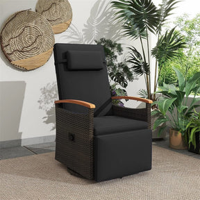 Outdoor 360° Swivel Rattan Recliner Chair, Patio Wicker Chaise Lounge Chair with Adjustable Backrest & Footrest, Flip Side Table & Cushions