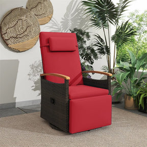 Outdoor 360° Swivel Rattan Recliner Chair, Patio Wicker Chaise Lounge Chair with Adjustable Backrest & Footrest, Flip Side Table & Cushions