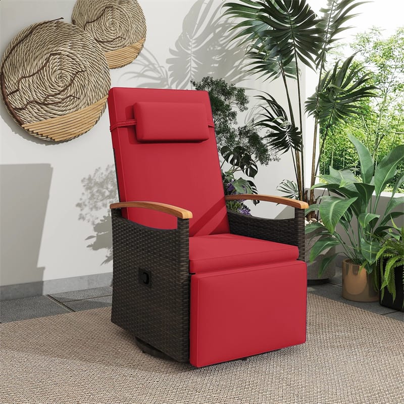Outdoor 360° Swivel Rattan Recliner Chair, Patio Wicker Chaise Lounge Chair with Adjustable Backrest & Footrest, Flip Side Table & Cushions