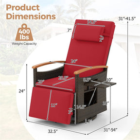 Outdoor 360° Swivel Rattan Recliner Chair, Patio Wicker Chaise Lounge Chair with Adjustable Backrest & Footrest, Flip Side Table & Cushions