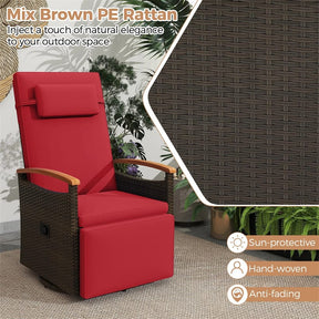 Outdoor 360° Swivel Rattan Recliner Chair, Patio Wicker Chaise Lounge Chair with Adjustable Backrest & Footrest, Flip Side Table & Cushions