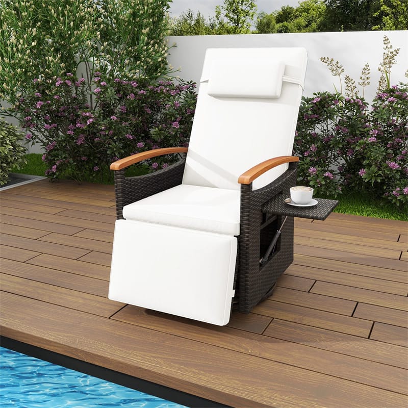 Outdoor 360° Swivel Rattan Recliner Chair, Patio Wicker Chaise Lounge Chair with Adjustable Backrest & Footrest, Flip Side Table & Cushions