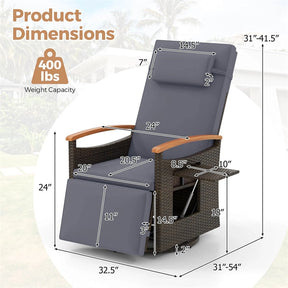 Outdoor 360° Swivel Rattan Recliner Chair, Patio Wicker Chaise Lounge Chair with Adjustable Backrest & Footrest, Flip Side Table & Cushions
