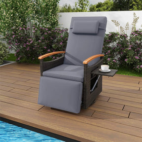 Outdoor 360° Swivel Rattan Recliner Chair, Patio Wicker Chaise Lounge Chair with Adjustable Backrest & Footrest, Flip Side Table & Cushions
