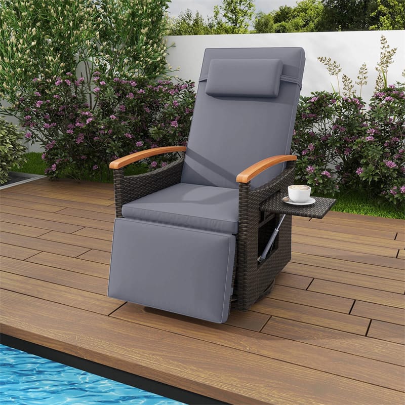 Outdoor 360° Swivel Rattan Recliner Chair, Patio Wicker Chaise Lounge Chair with Adjustable Backrest & Footrest, Flip Side Table & Cushions