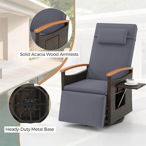 Outdoor 360° Swivel Rattan Recliner Chair, Patio Wicker Chaise Lounge Chair with Adjustable Backrest & Footrest, Flip Side Table & Cushions