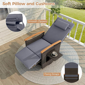Outdoor 360° Swivel Rattan Recliner Chair, Patio Wicker Chaise Lounge Chair with Adjustable Backrest & Footrest, Flip Side Table & Cushions