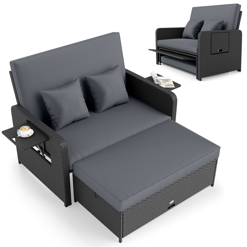 Patio Rattan Daybed Outdoor Wicker Loveseat Sofa with 4-Level Adjustable Backrest, Storage Ottoman, Retractable Tray & Cushions for Backyard