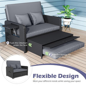 Patio Rattan Daybed Outdoor Wicker Loveseat Sofa with 4-Level Adjustable Backrest, Storage Ottoman, Retractable Tray & Cushions for Backyard