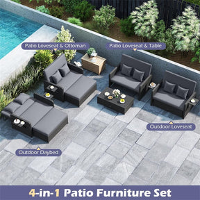 Patio Rattan Daybed Outdoor Wicker Loveseat Sofa with 4-Level Adjustable Backrest, Storage Ottoman, Retractable Tray & Cushions for Backyard