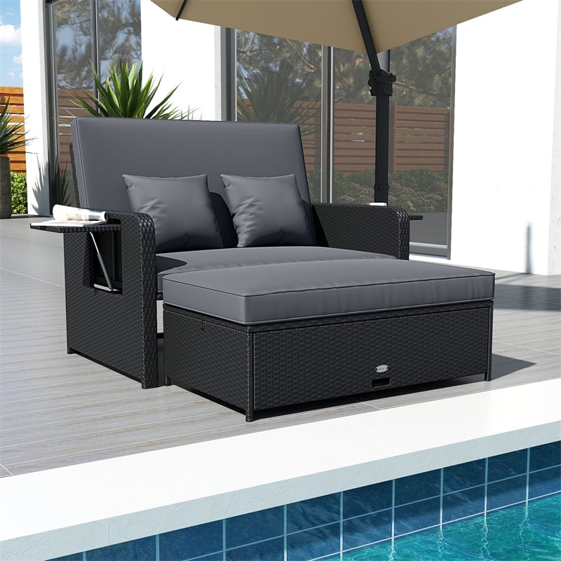 Patio Rattan Daybed Outdoor Wicker Loveseat Sofa with 4-Level Adjustable Backrest, Storage Ottoman, Retractable Tray & Cushions for Backyard