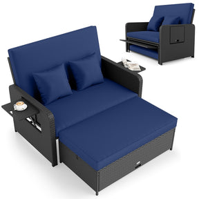 Patio Rattan Daybed Outdoor Wicker Loveseat Sofa with 4-Level Adjustable Backrest, Storage Ottoman, Retractable Tray & Cushions for Backyard