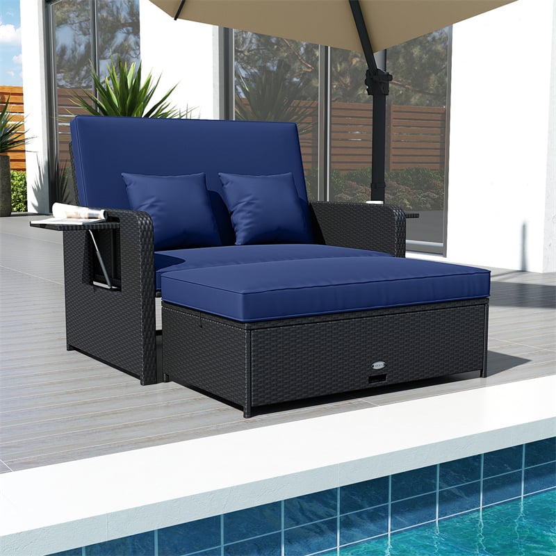 Patio Rattan Daybed Outdoor Wicker Loveseat Sofa with 4-Level Adjustable Backrest, Storage Ottoman, Retractable Tray & Cushions for Backyard