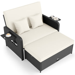 Patio Rattan Daybed Outdoor Wicker Loveseat Sofa with 4-Level Adjustable Backrest, Storage Ottoman, Retractable Tray & Cushions for Backyard