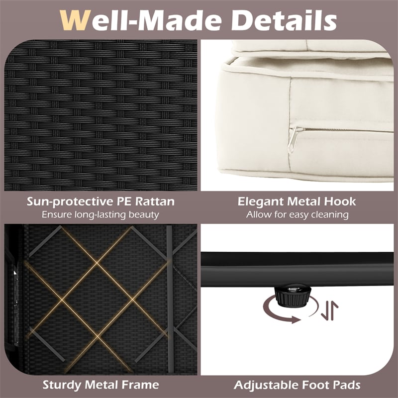 Patio Rattan Daybed Outdoor Wicker Loveseat Sofa with 4-Level Adjustable Backrest, Storage Ottoman, Retractable Tray & Cushions for Backyard