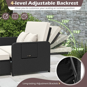 Patio Rattan Daybed Outdoor Wicker Loveseat Sofa with 4-Level Adjustable Backrest, Storage Ottoman, Retractable Tray & Cushions for Backyard