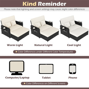 Patio Rattan Daybed Outdoor Wicker Loveseat Sofa with 4-Level Adjustable Backrest, Storage Ottoman, Retractable Tray & Cushions for Backyard