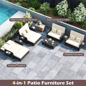 Patio Rattan Daybed Outdoor Wicker Loveseat Sofa with 4-Level Adjustable Backrest, Storage Ottoman, Retractable Tray & Cushions for Backyard