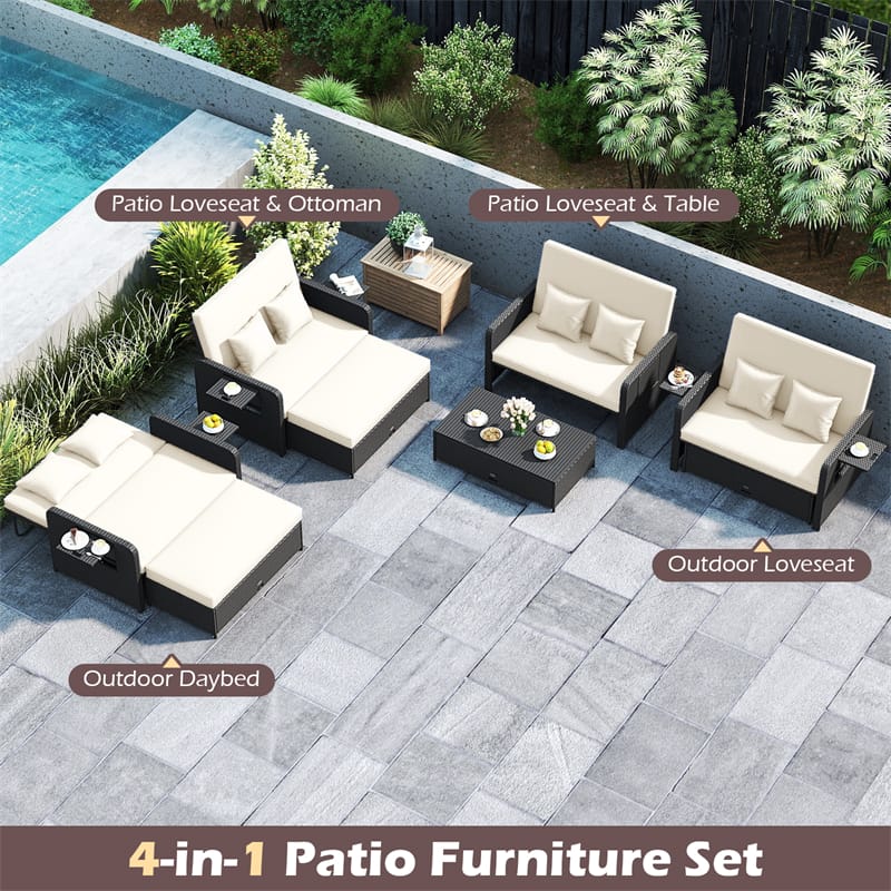 Patio Rattan Daybed Outdoor Wicker Loveseat Sofa with 4-Level Adjustable Backrest, Storage Ottoman, Retractable Tray & Cushions for Backyard