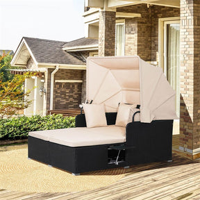 Hand-Woven Rattan Patio Daybed with Retractable Canopy & Side Tables, Outdoor Double Conversation Sunbed