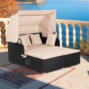 Hand-Woven Rattan Patio Daybed with Retractable Canopy & Side Tables, Outdoor Double Conversation Sunbed