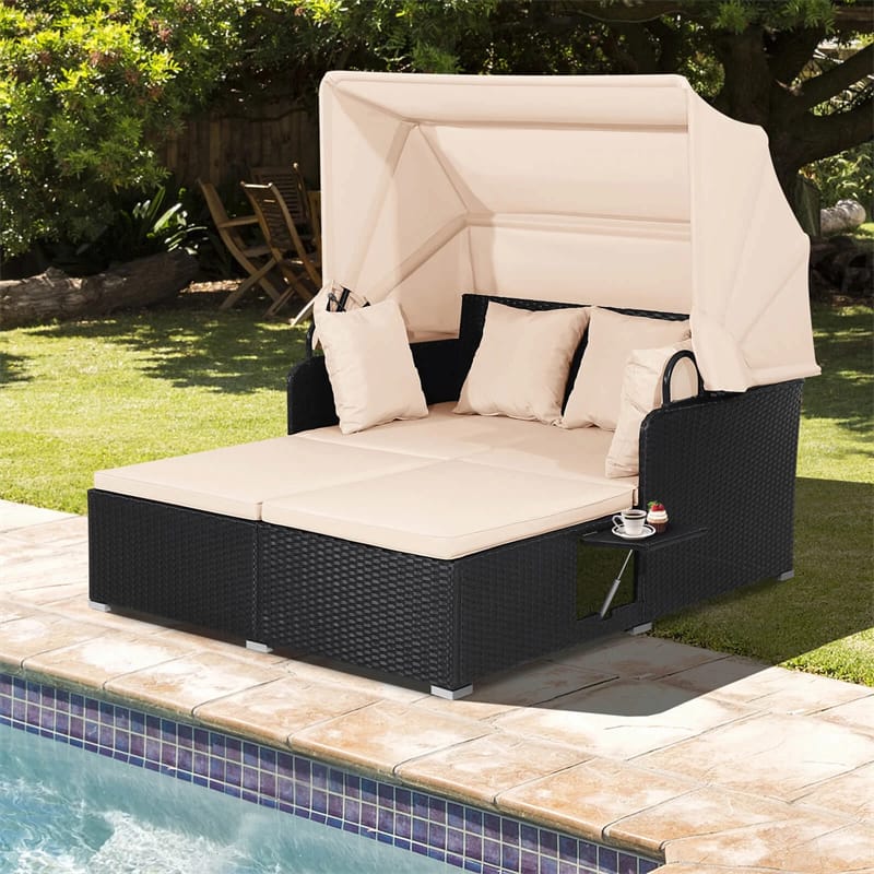 Hand-Woven Rattan Patio Daybed with Retractable Canopy & Side Tables, Outdoor Double Conversation Sunbed
