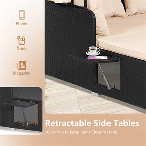 Hand-Woven Rattan Patio Daybed with Retractable Canopy & Side Tables, Outdoor Double Conversation Sunbed