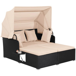 Hand-Woven Rattan Patio Daybed with Retractable Canopy & Side Tables, Outdoor Double Conversation Sunbed