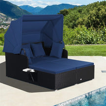 Hand-Woven Rattan Patio Daybed with Retractable Canopy & Side Tables, Outdoor Double Conversation Sunbed