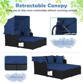 Hand-Woven Rattan Patio Daybed with Retractable Canopy & Side Tables, Outdoor Double Conversation Sunbed