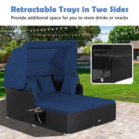 Hand-Woven Rattan Patio Daybed with Retractable Canopy & Side Tables, Outdoor Double Conversation Sunbed