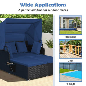 Hand-Woven Rattan Patio Daybed with Retractable Canopy & Side Tables, Outdoor Double Conversation Sunbed