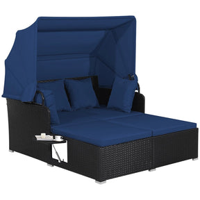 Hand-Woven Rattan Patio Daybed with Retractable Canopy & Side Tables, Outdoor Double Conversation Sunbed