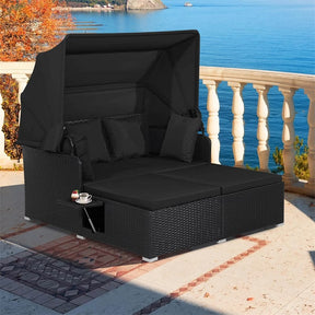 Hand-Woven Rattan Patio Daybed with Retractable Canopy & Side Tables, Outdoor Double Conversation Sunbed