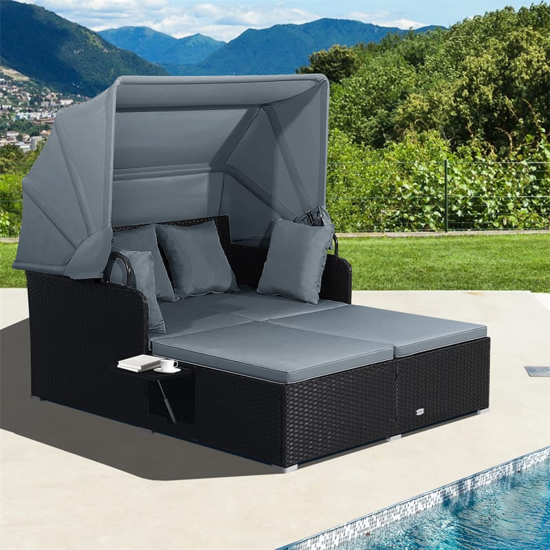 Hand-Woven Rattan Patio Daybed with Retractable Canopy & Side Tables, Outdoor Double Conversation Sunbed