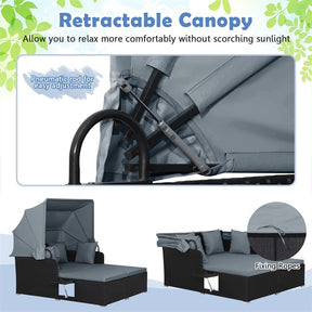 Hand-Woven Rattan Patio Daybed with Retractable Canopy & Side Tables, Outdoor Double Conversation Sunbed