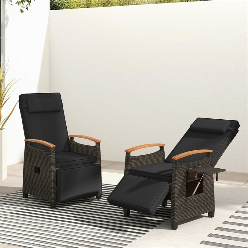 Patio Rattan Wicker Recliner Chair Push Back Reclining Lounge Chair w/Adjustable Backrest & Footrest, Flip Side Table, Cushion