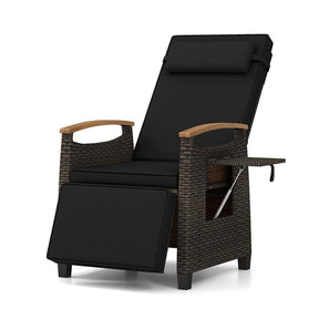 Patio Rattan Wicker Recliner Chair Push Back Reclining Lounge Chair w/Adjustable Backrest & Footrest, Flip Side Table, Cushion