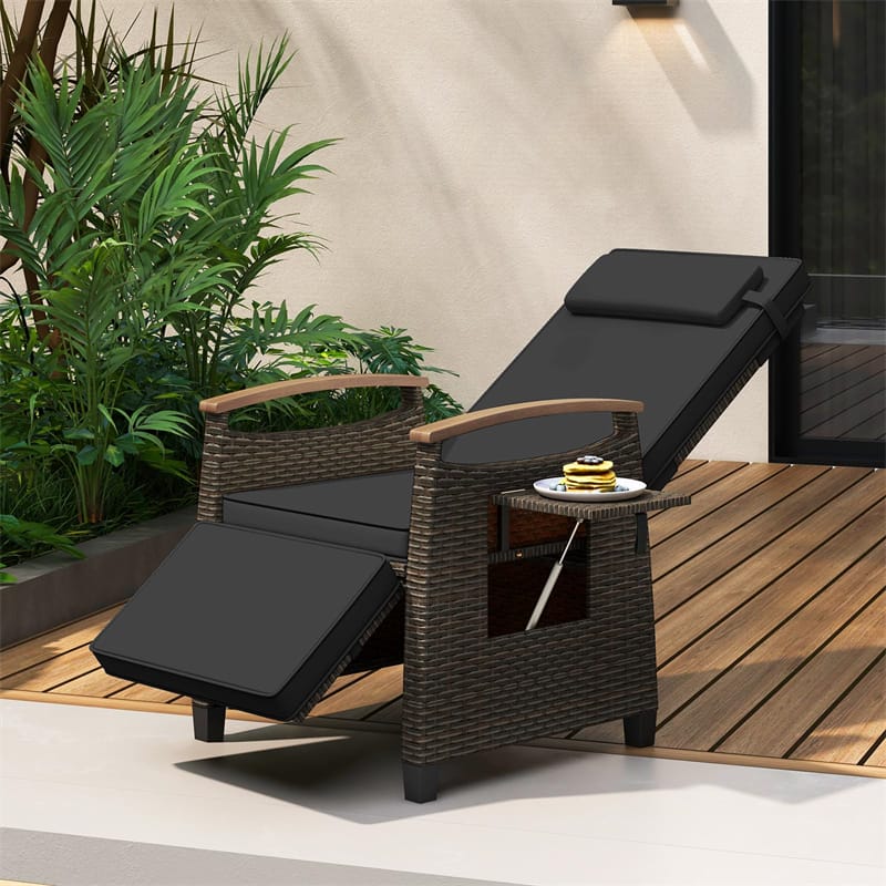 Patio Rattan Wicker Recliner Chair Push Back Reclining Lounge Chair w/Adjustable Backrest & Footrest, Flip Side Table, Cushion