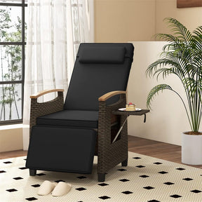 Patio Rattan Wicker Recliner Chair Push Back Reclining Lounge Chair w/Adjustable Backrest & Footrest, Flip Side Table, Cushion