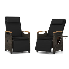Patio Rattan Wicker Recliner Chair Push Back Reclining Lounge Chair w/Adjustable Backrest & Footrest, Flip Side Table, Cushion