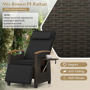 Patio Rattan Wicker Recliner Chair Push Back Reclining Lounge Chair w/Adjustable Backrest & Footrest, Flip Side Table, Cushion