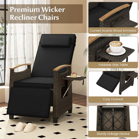 Patio Rattan Wicker Recliner Chair Push Back Reclining Lounge Chair w/Adjustable Backrest & Footrest, Flip Side Table, Cushion