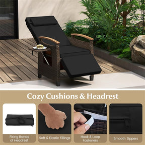 Patio Rattan Wicker Recliner Chair Push Back Reclining Lounge Chair w/Adjustable Backrest & Footrest, Flip Side Table, Cushion