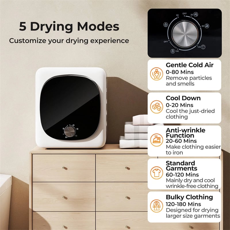1.5 cu.ft Portable Clothes Dryer, 800W Electric Compact Vented Tumble Dryer with Stainless Steel Tub & 5 Modes for Apartment, Dorm & RV