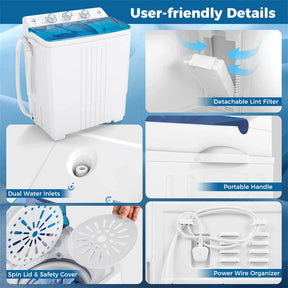 Portable Washing Machine, 2-in-1 Twin Tub Washer Spin Dryer Combo with Built-in Drain Pump, 20LB Capacity & Compact for Apartment, Dorm & RV